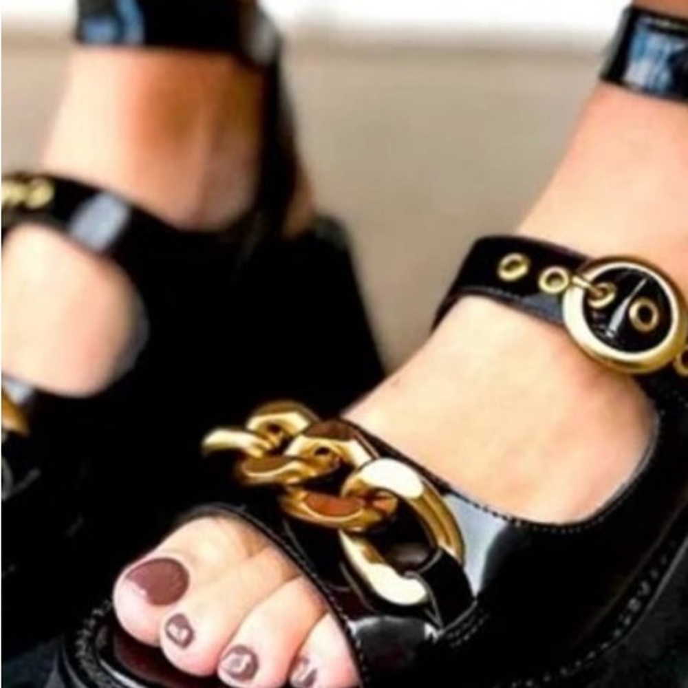 Jeffrey Campbell Crunched Sandals Black Leather w/Bold Gold Tone Hardware.